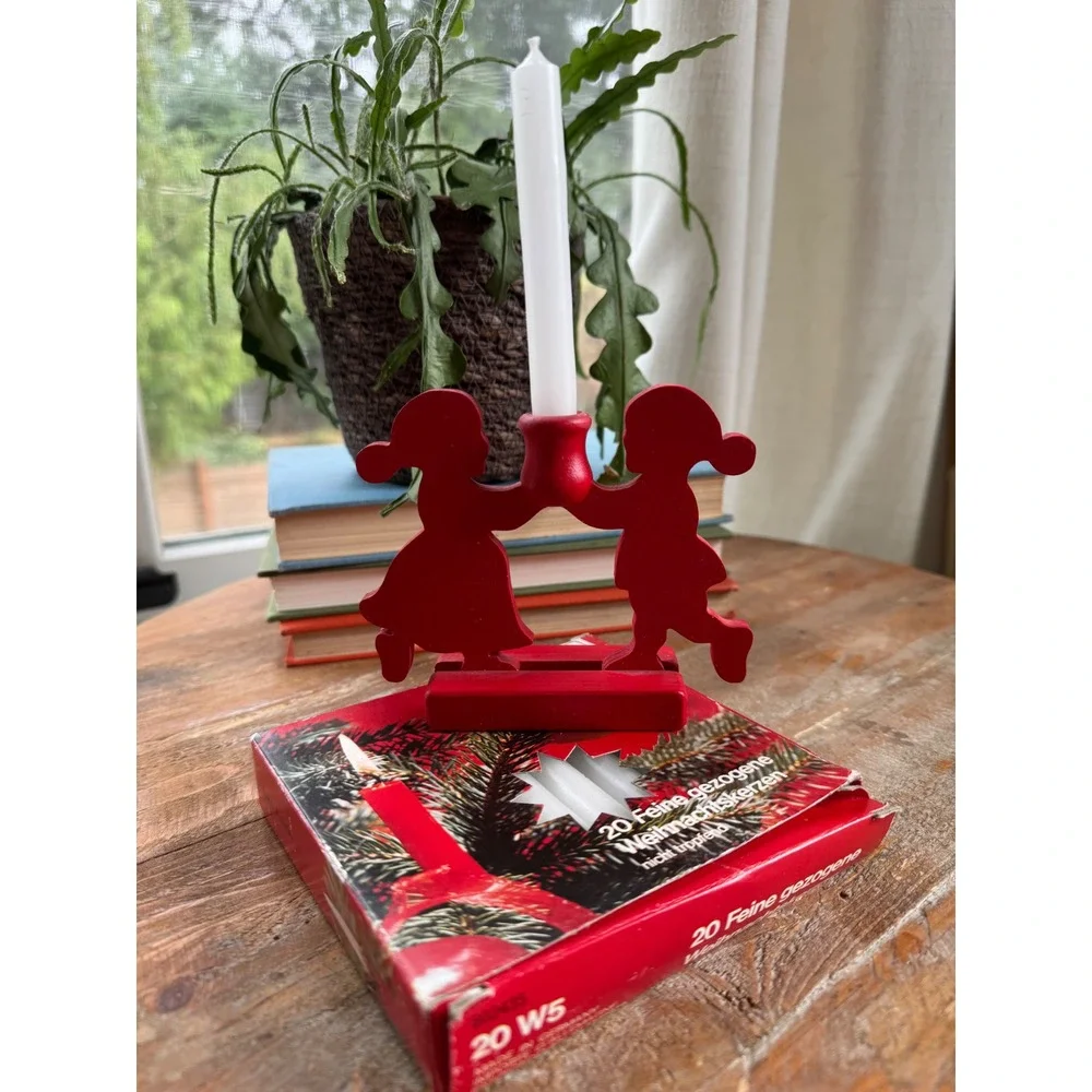 Vintage Swedish Wood Candle Holder Red Boy Girl Silhouette with Lenox Candles